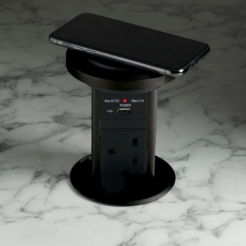 Black Motorised pop-up socket with QI charger top